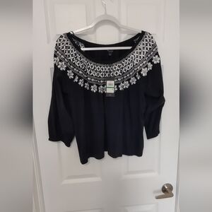 Tommy Hilfiger Navy Blue Blouse with White Embroidery